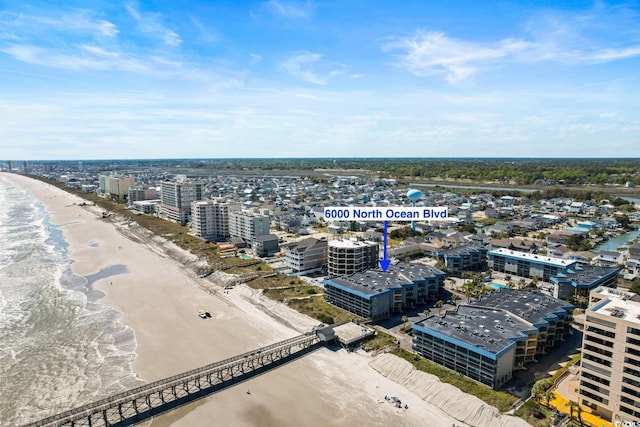 drone / aerial view with a water view and a view of the beach