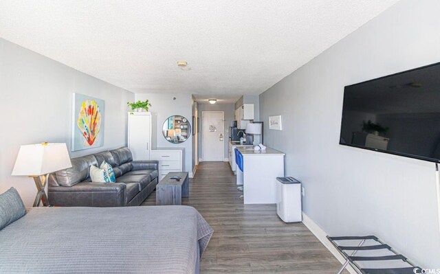 living room featuring a textured ceiling and hardwood / wood-style floors