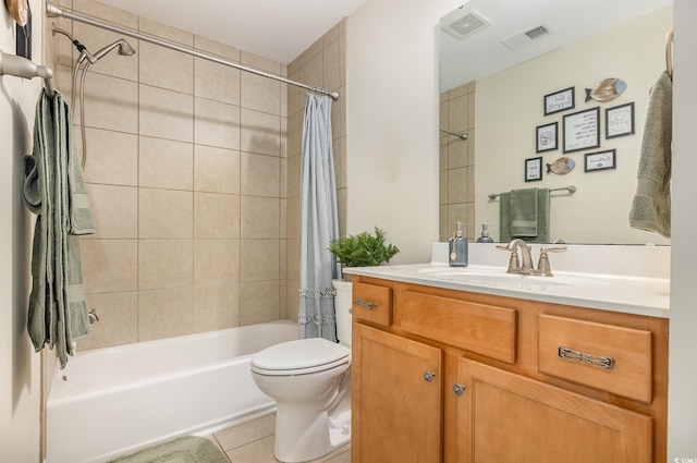 full bathroom featuring toilet, vanity, tile patterned flooring, and shower / bath combination with curtain