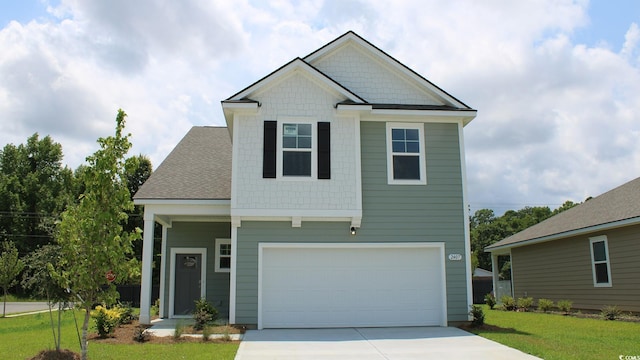 view of front of property featuring a garage and a front yard