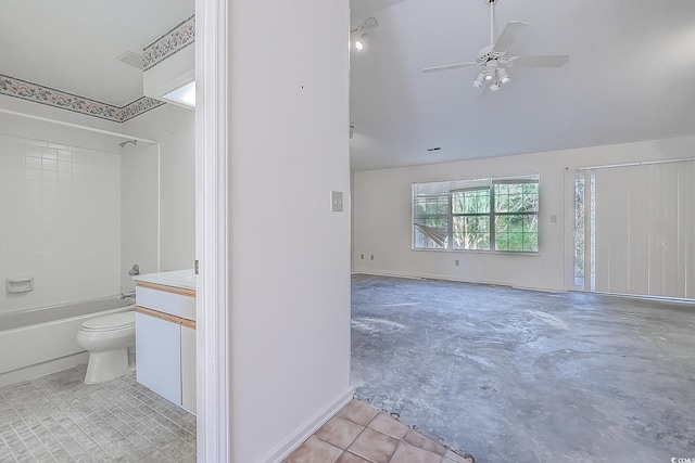 full bathroom featuring toilet, tile patterned flooring, vanity, ceiling fan, and tub / shower combination