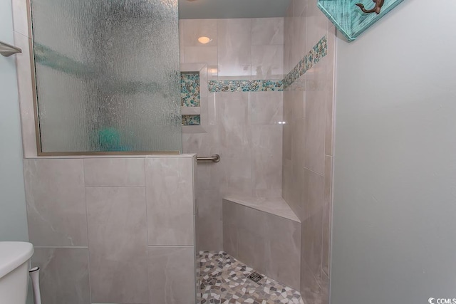 bathroom with tiled shower and toilet