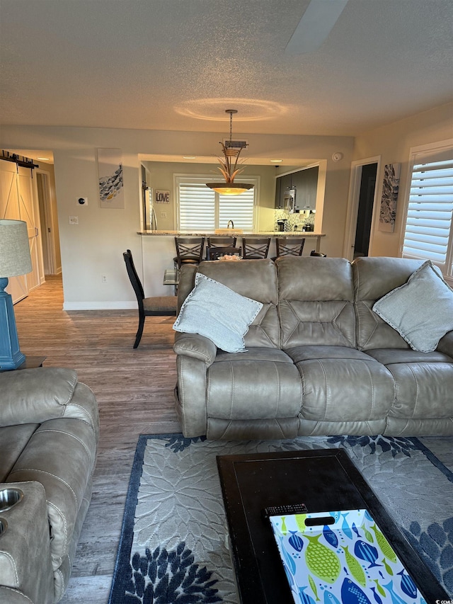 living room with hardwood / wood-style flooring, a barn door, and a textured ceiling