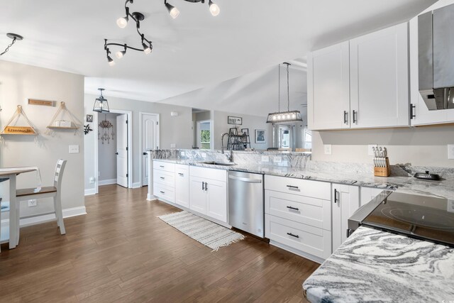 kitchen featuring dishwasher, sink, white cabinetry, dark wood-type flooring, and light stone counters