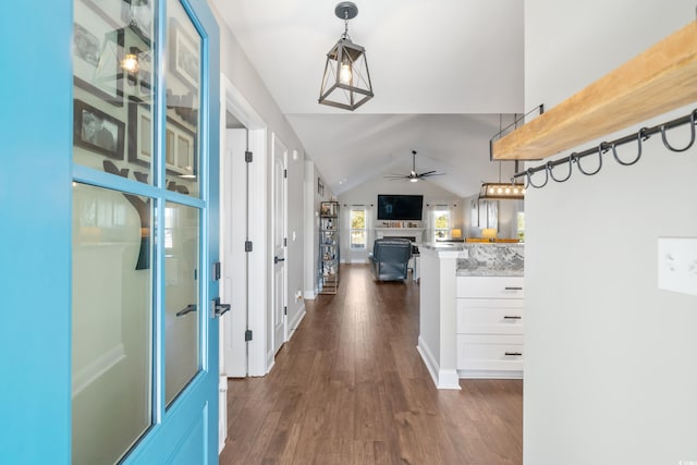 corridor with lofted ceiling and dark hardwood / wood-style floors