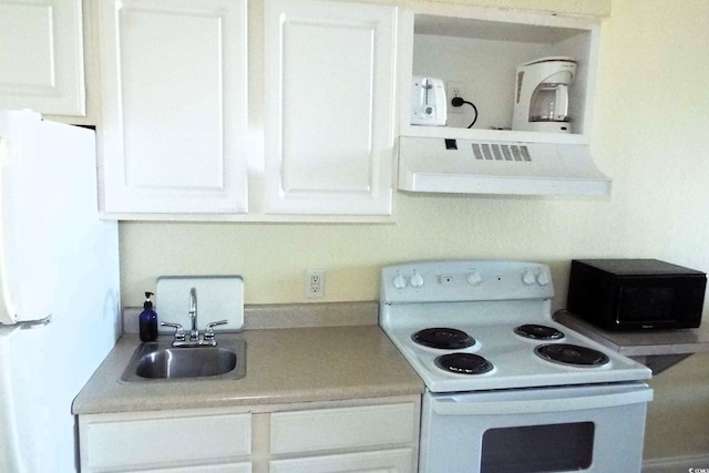 kitchen featuring white appliances, a sink, exhaust hood, white cabinets, and light countertops