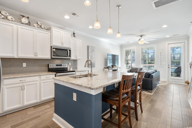 kitchen with white cabinetry, appliances with stainless steel finishes, sink, and a kitchen island with sink