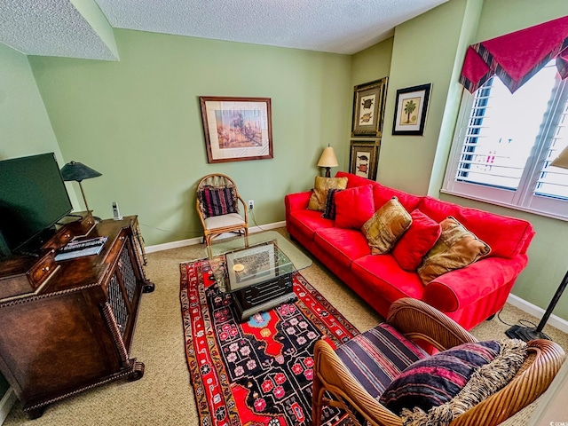 carpeted living room with a textured ceiling