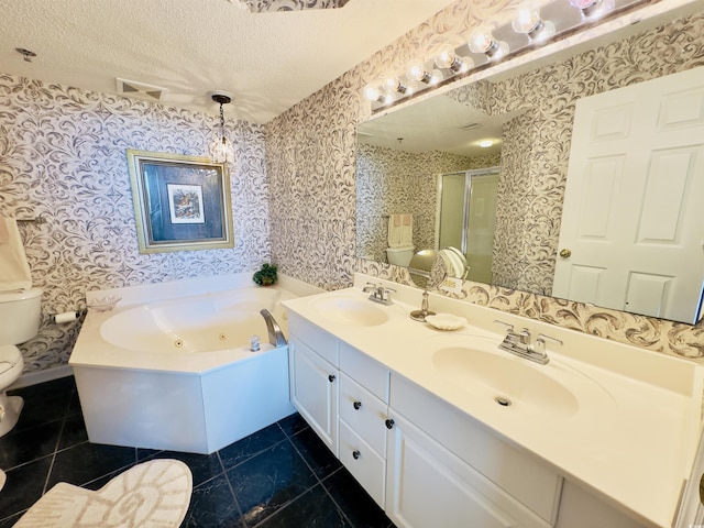 full bathroom with toilet, plus walk in shower, tile patterned flooring, a textured ceiling, and vanity