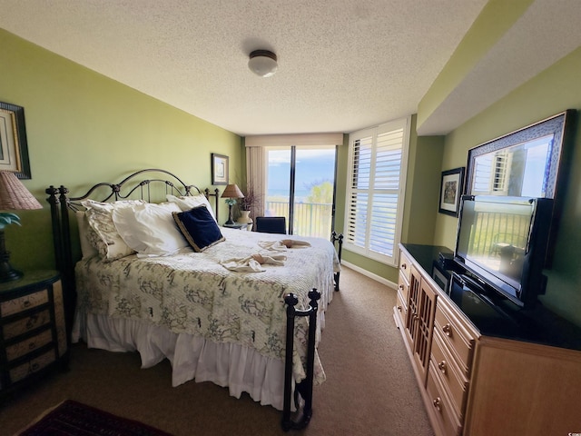 bedroom featuring access to exterior, a textured ceiling, and carpet flooring