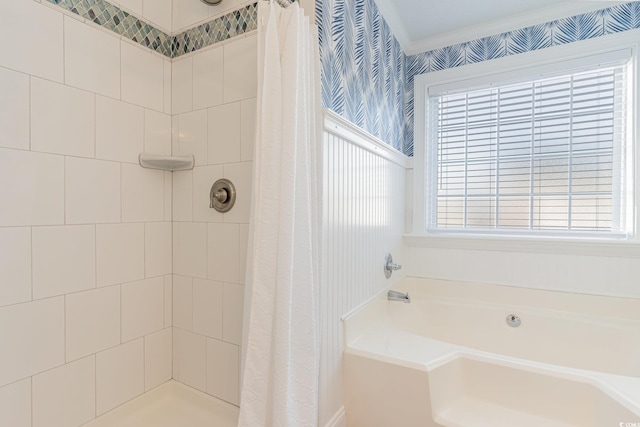 bathroom featuring shower with separate bathtub and ornamental molding