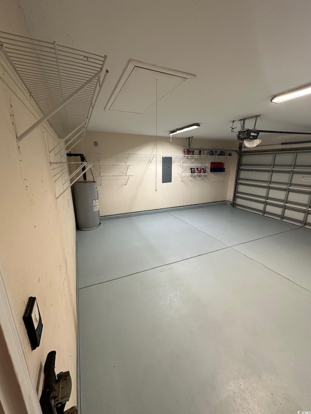 garage with a garage door opener, electric water heater, and electric panel