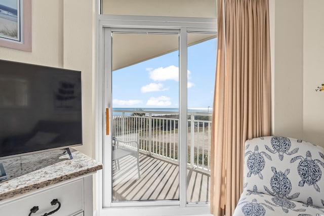 living room featuring a water view