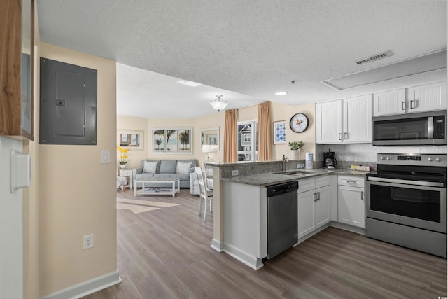 kitchen with white cabinetry, electric panel, kitchen peninsula, and appliances with stainless steel finishes