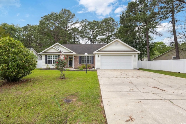 5933 Rahnavard Blvd, Myrtle Beach, SC 29588 - single story home with concrete driveway, an attached garage, fence, brick siding, and a front lawn