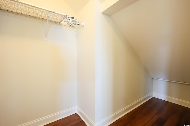 walk in closet featuring vaulted ceiling and dark hardwood / wood-style flooring