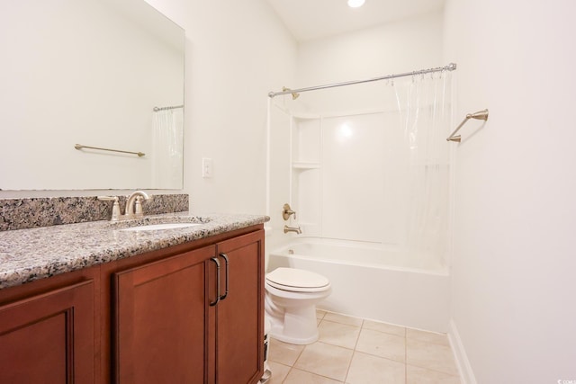 full bathroom with shower / tub combo with curtain, tile patterned floors, toilet, and vanity