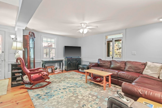 living room featuring ceiling fan, plenty of natural light, and hardwood / wood-style floors