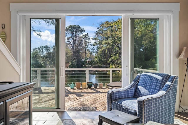 entryway with a water view