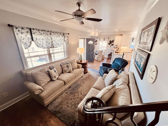 living room with ornamental molding, ceiling fan, light hardwood / wood-style flooring, and a textured ceiling