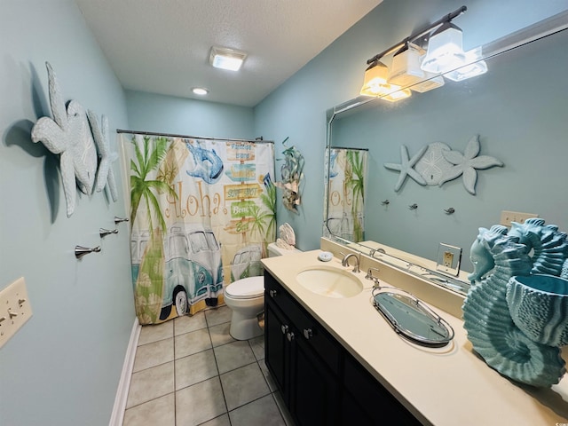 bathroom with tile patterned floors, a shower with curtain, toilet, a textured ceiling, and vanity