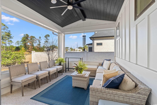 view of patio with ceiling fan and outdoor lounge area