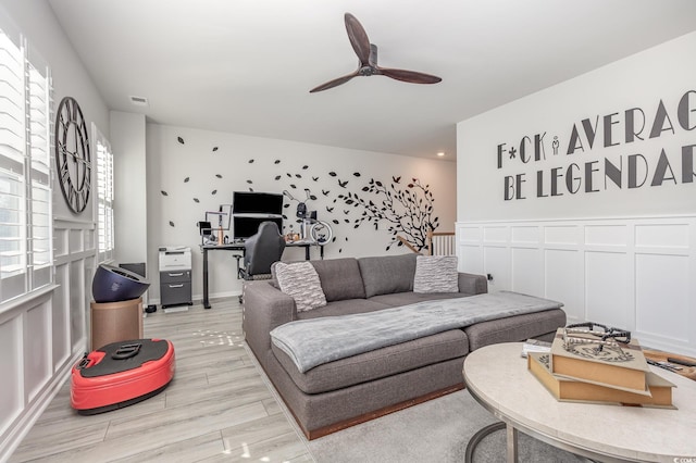 living room with ceiling fan