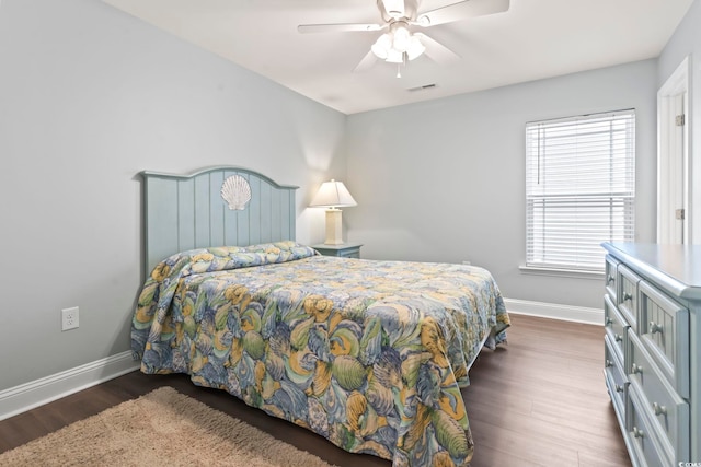 bedroom featuring ceiling fan and dark hardwood / wood-style flooring