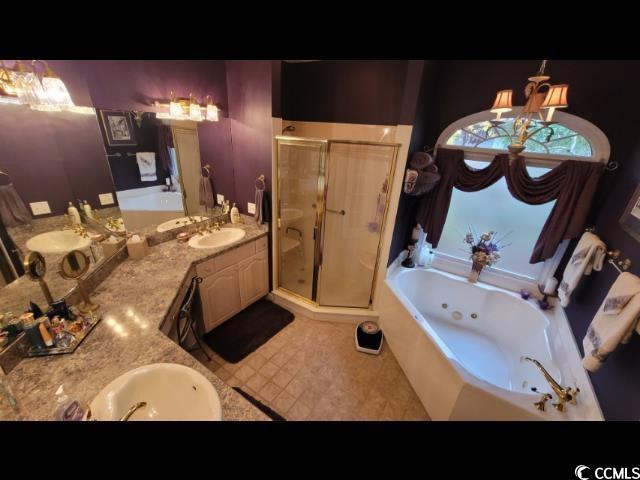 bathroom with independent shower and bath and vanity