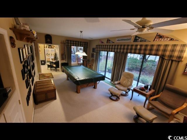 recreation room featuring ceiling fan, billiards, and carpet