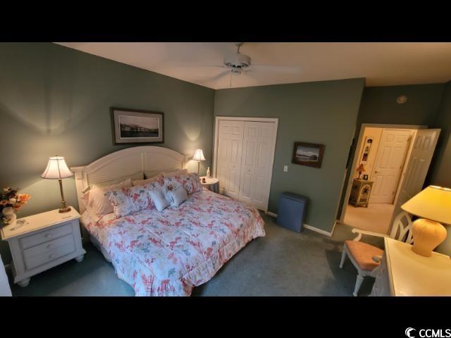 bedroom with ceiling fan, a closet, and dark colored carpet