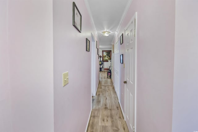 corridor featuring ornamental molding and light hardwood / wood-style flooring