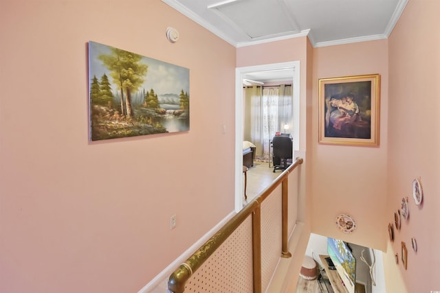 hallway featuring ornamental molding