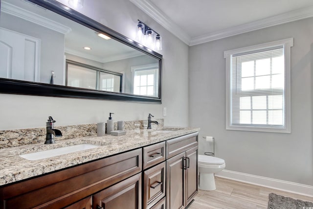 bathroom with vanity, ornamental molding, plenty of natural light, and a shower with door