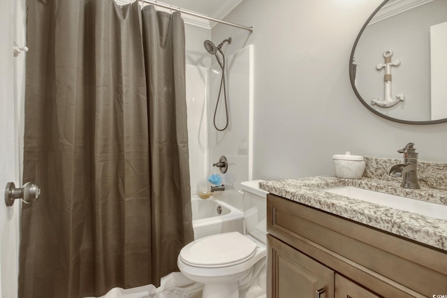 full bathroom with vanity, toilet, ornamental molding, and shower / tub combo