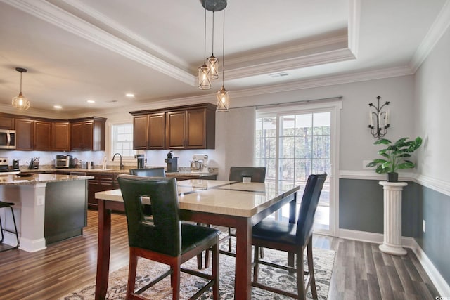 dining room with crown molding, dark wood-type flooring, and a wealth of natural light