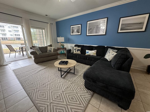 tiled living room with crown molding