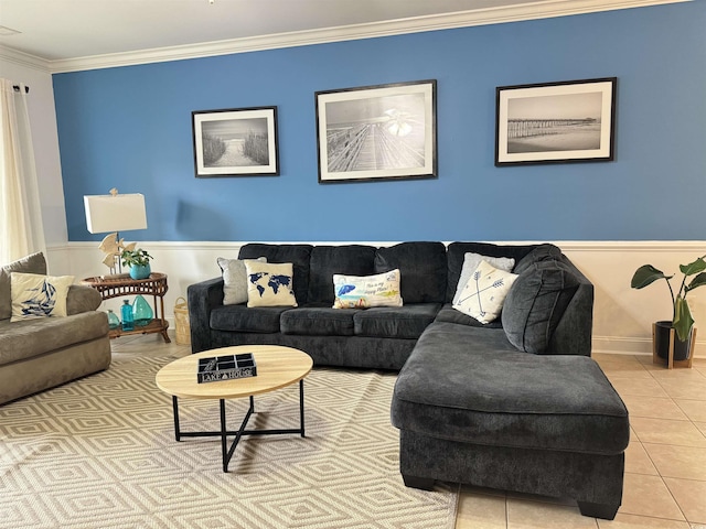 tiled living room with crown molding