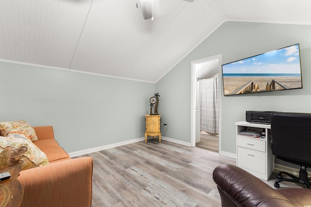 office space featuring light wood-type flooring, ceiling fan, and lofted ceiling