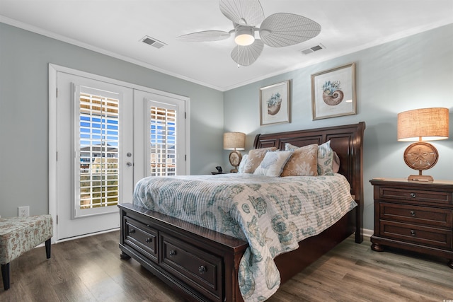 bedroom with multiple windows, dark hardwood / wood-style flooring, ornamental molding, access to outside, and ceiling fan