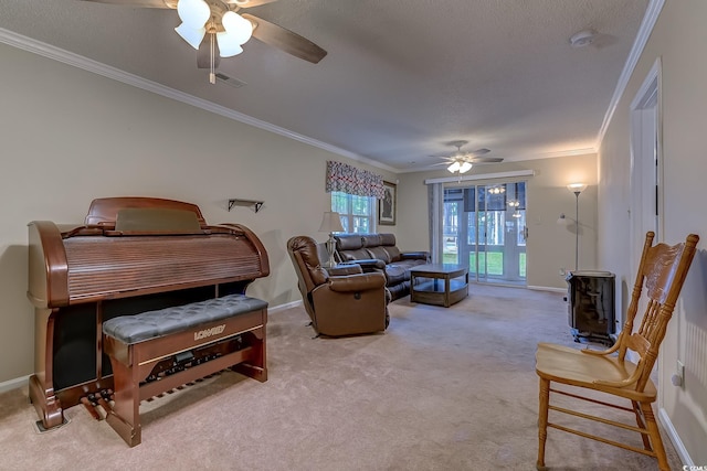 880 Fairway Dr Unit 302Bb, Longs, SC 29568 - living area with baseboards, visible vents, ceiling fan, ornamental molding, and carpet floors