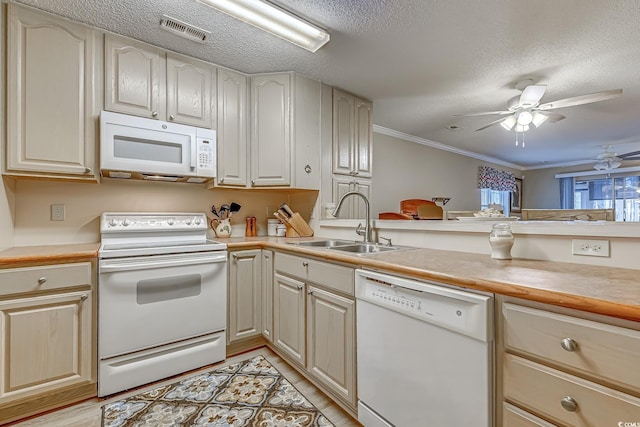 880 Fairway Dr Unit 302Bb, Longs, SC 29568 - kitchen featuring visible vents, ornamental molding, a sink, white appliances, and a peninsula