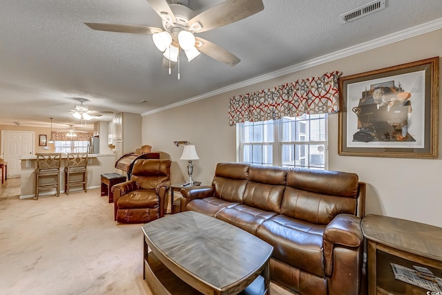 880 Fairway Dr Unit 302Bb, Longs, SC 29568 - living area with a textured ceiling, carpet flooring, a ceiling fan, visible vents, and crown molding