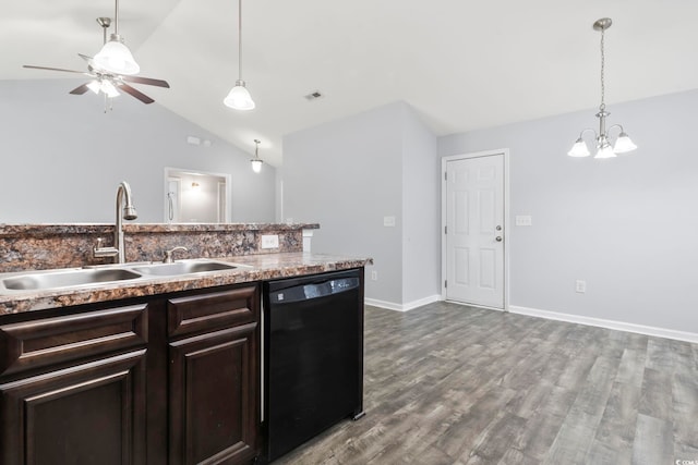 kitchen featuring vaulted ceiling, dishwasher, sink, light hardwood / wood-style floors, and dark brown cabinets