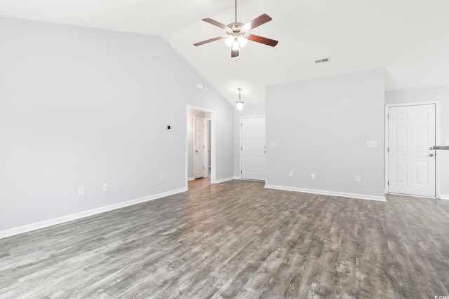 unfurnished room featuring wood-type flooring, high vaulted ceiling, and ceiling fan