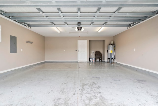 garage with electric panel and electric water heater