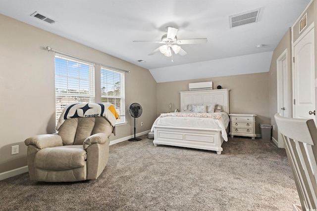 bedroom featuring ceiling fan, dark colored carpet, and vaulted ceiling