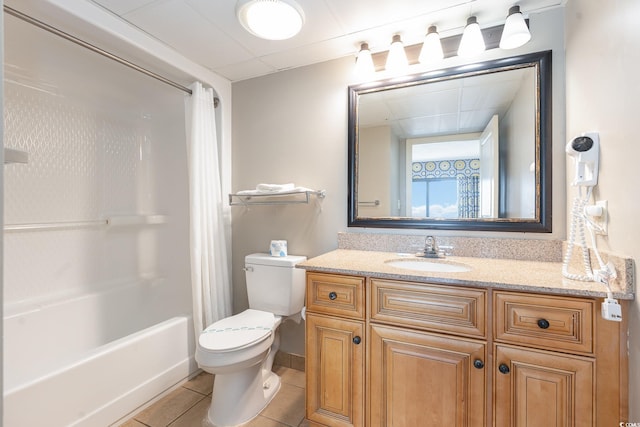 full bathroom featuring vanity, toilet, shower / bathtub combination with curtain, and tile patterned flooring