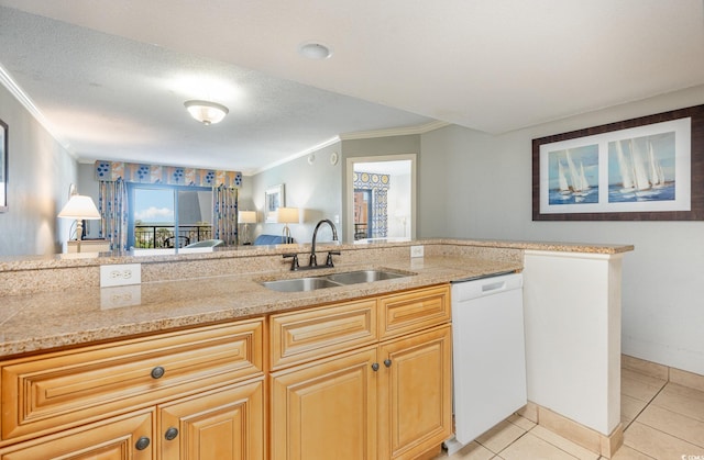 kitchen featuring crown molding, white dishwasher, a textured ceiling, light tile patterned floors, and sink