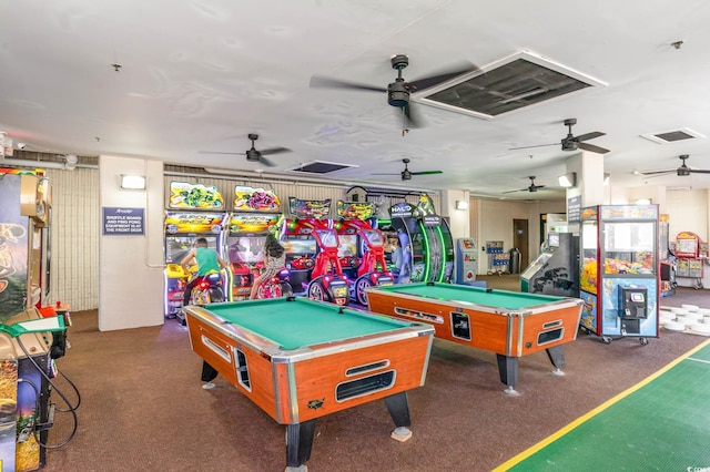 playroom with pool table and dark carpet